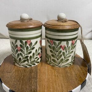Viral made in India Green Floral Heart small canisters with Wooden Lid x 2